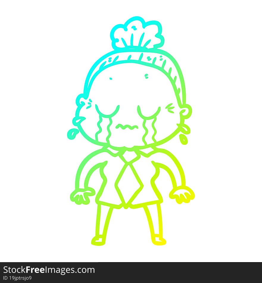 cold gradient line drawing cartoon crying old lady