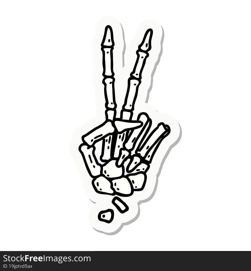 tattoo style sticker of a skeleton hand giving a peace sign