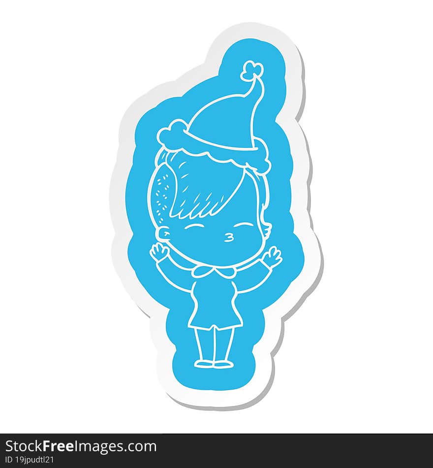 Cartoon  Sticker Of A Squinting Girl Wearing Santa Hat