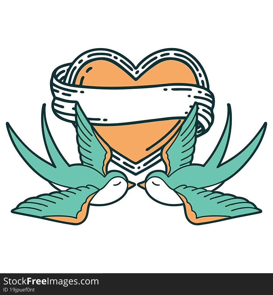 iconic tattoo style image of swallows and a heart with banner. iconic tattoo style image of swallows and a heart with banner