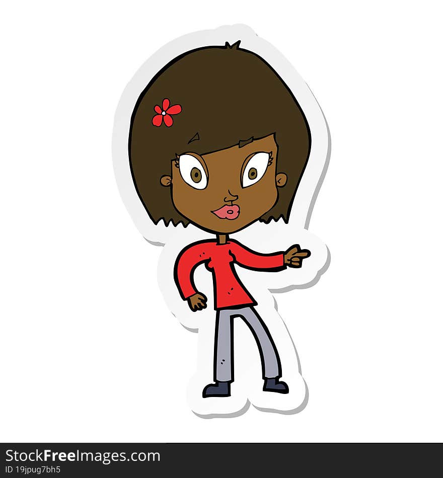 sticker of a cartoon pretty woman pointing