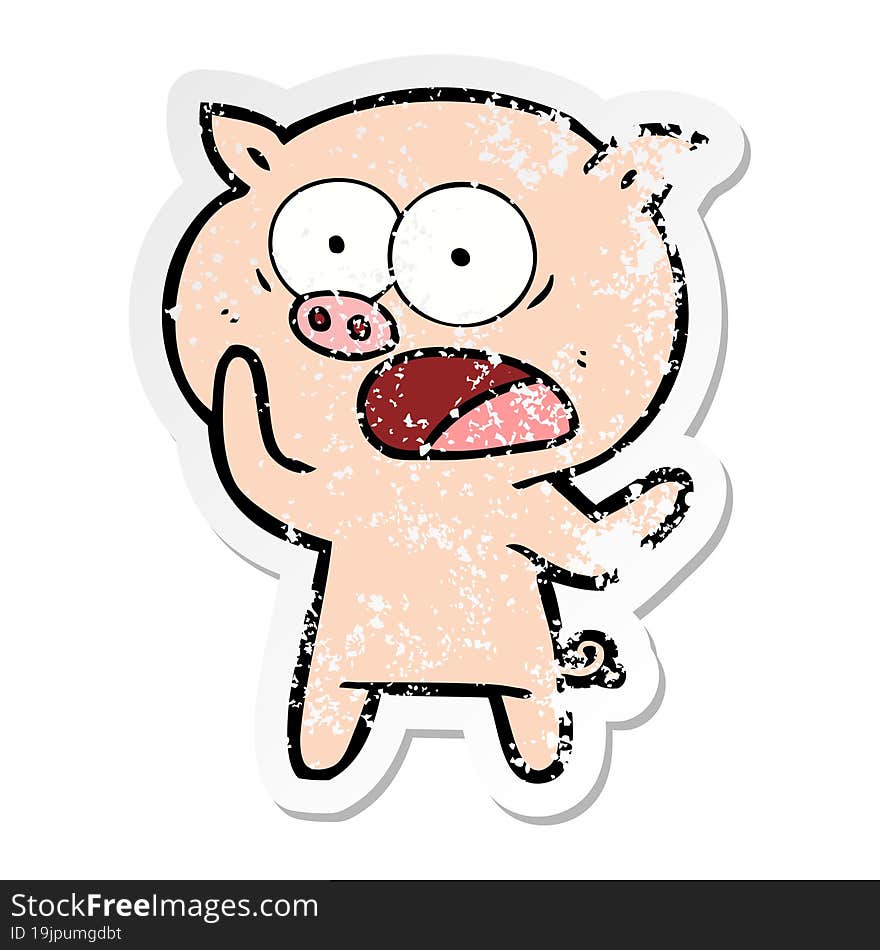 distressed sticker of a cartoon pig shouting