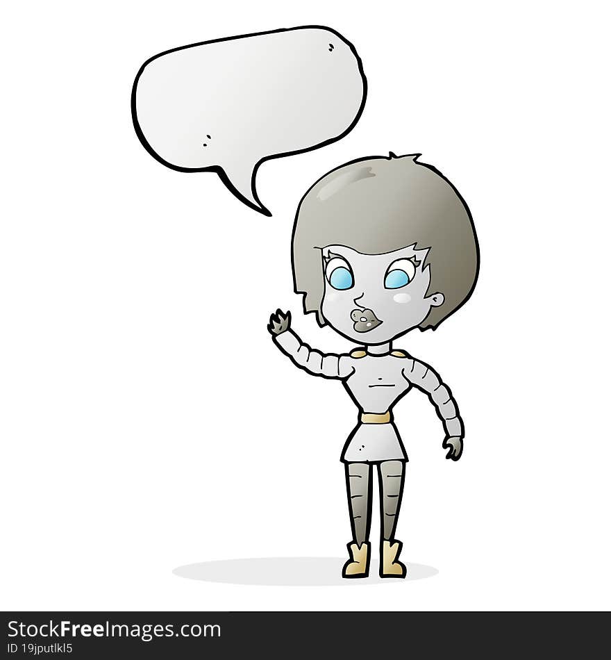 cartoon robot woman waving with speech bubble