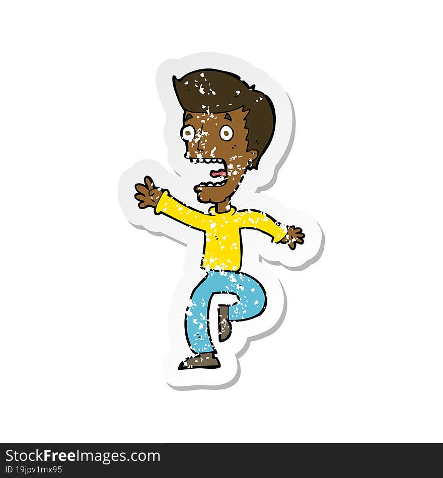 retro distressed sticker of a cartoon terrified man