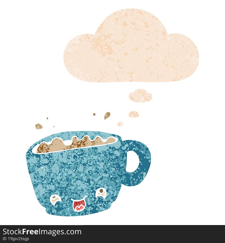 cartoon cup of coffee and thought bubble in retro textured style