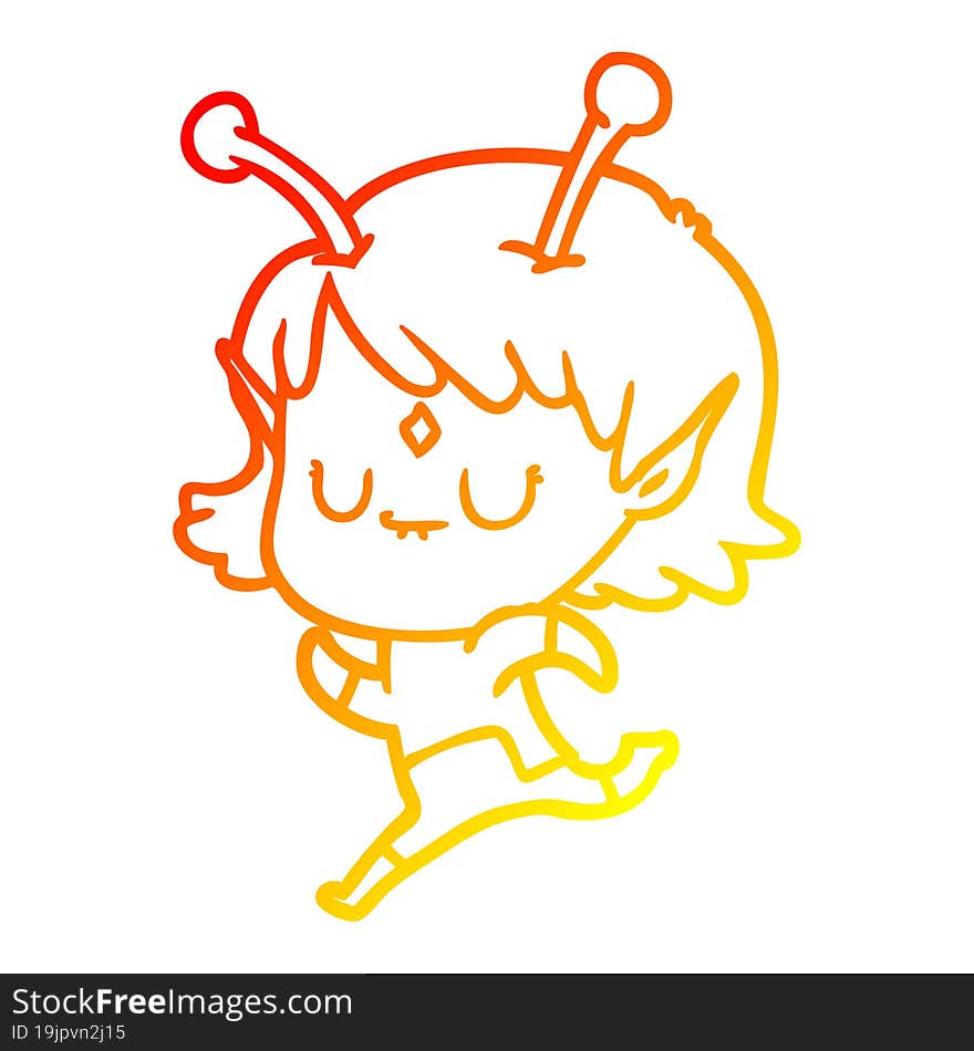 warm gradient line drawing of a cartoon alien girl