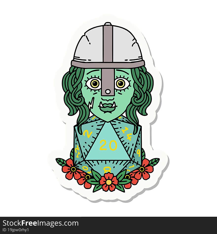 Half Orc Fighter Character With Natural Twenty Dice Roll Sticker