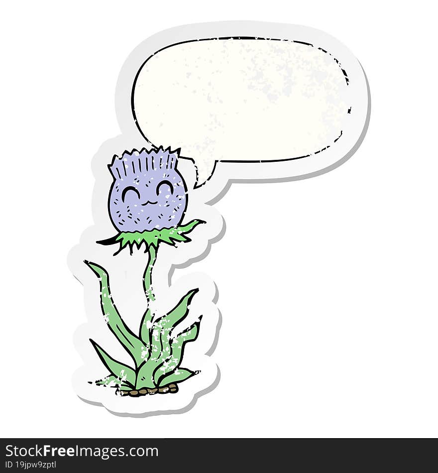 cartoon thistle and speech bubble distressed sticker