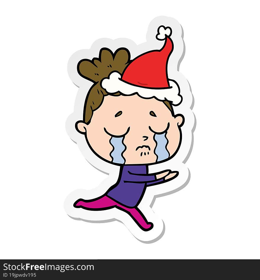 sticker cartoon of a crying woman wearing santa hat