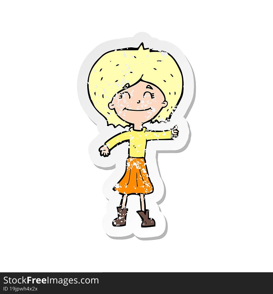 retro distressed sticker of a cartoon happy girl giving thumbs up symbol