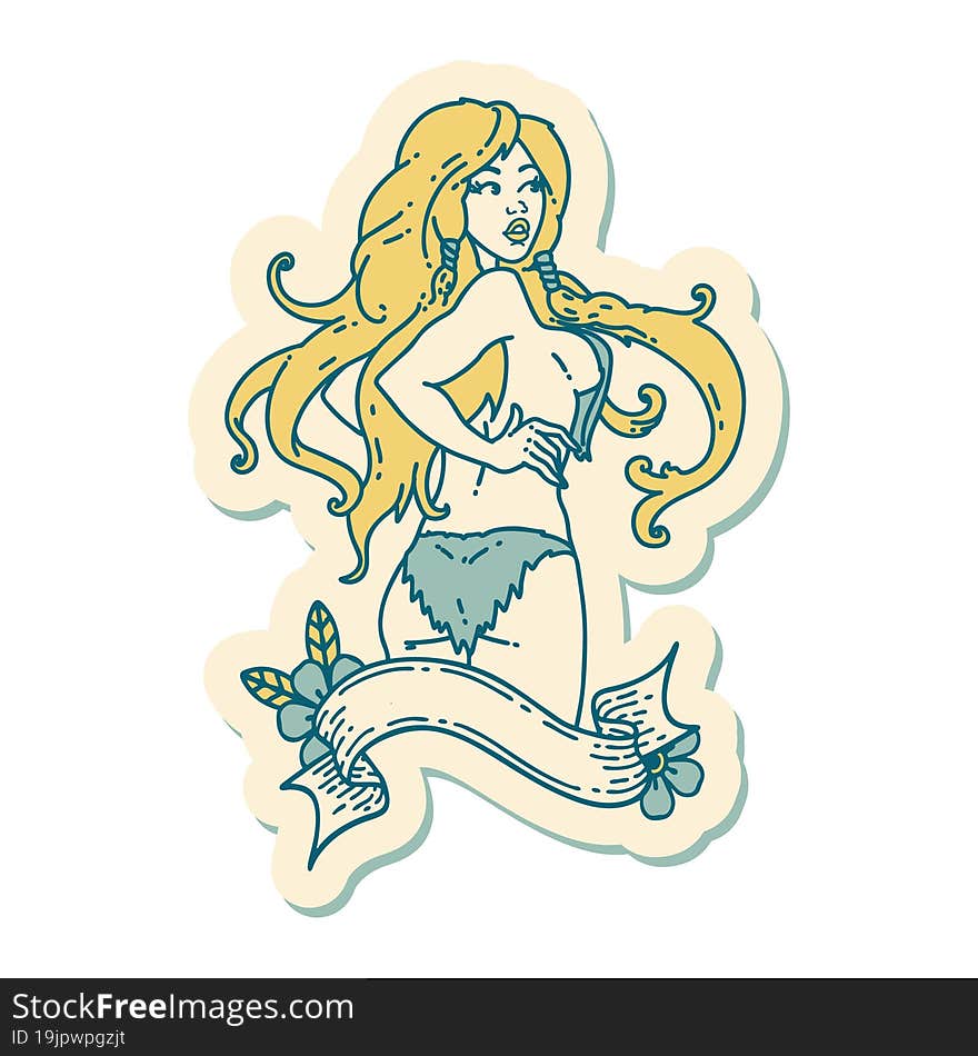 tattoo style sticker of a pinup viking girl with banner