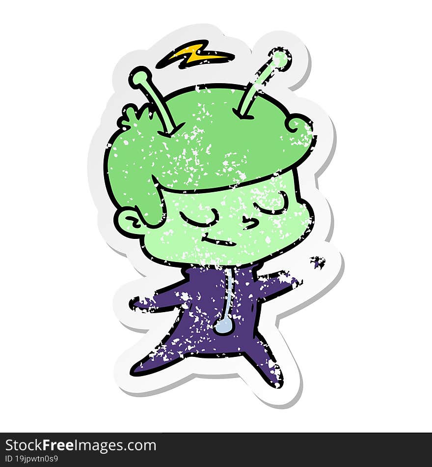 distressed sticker of a friendly cartoon spaceman dancing