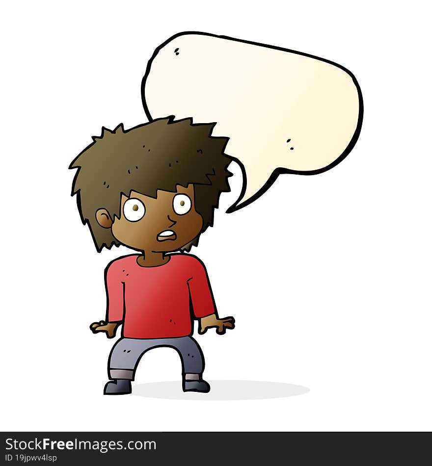 cartoon frightened boy with speech bubble