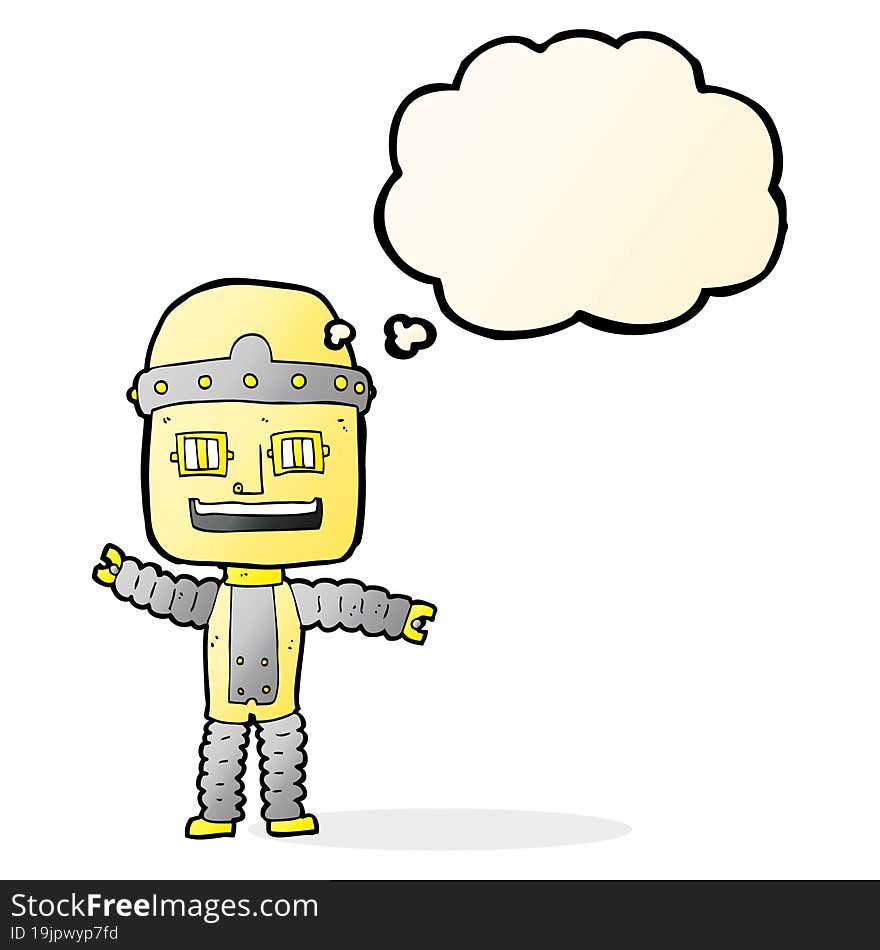 cartoon waving robot with thought bubble