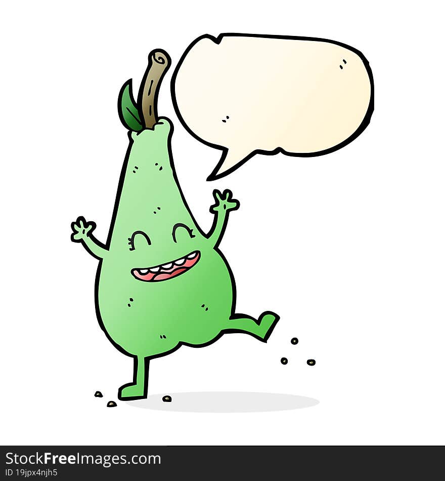 cartoon happy dancing pear with speech bubble