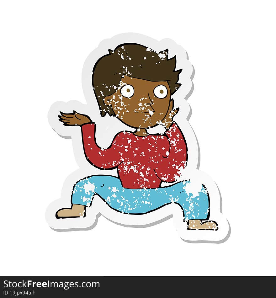 retro distressed sticker of a cartoon boy doing crazy dance