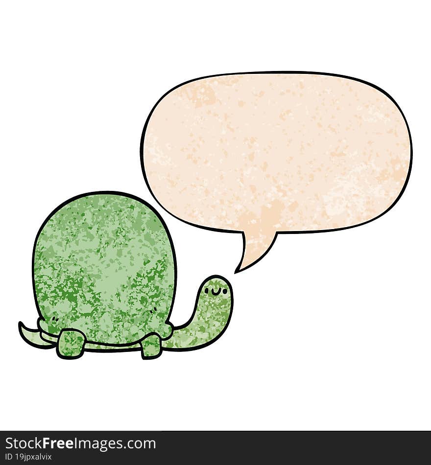 cute cartoon tortoise with speech bubble in retro texture style