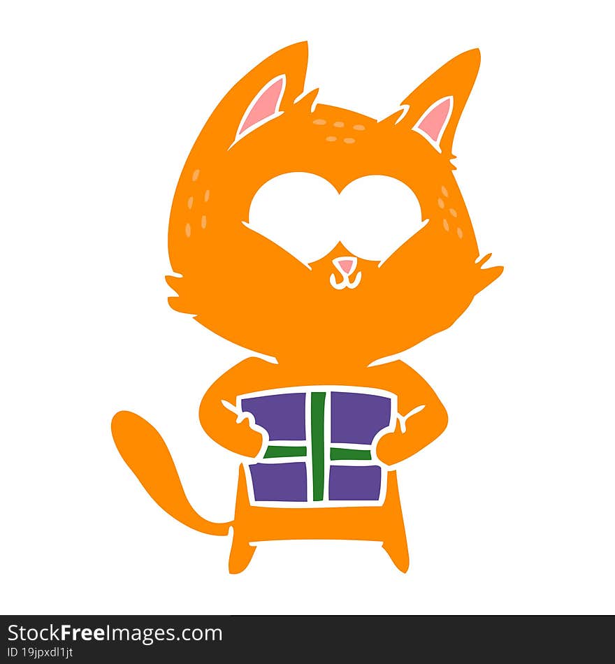 flat color style cartoon cat holding christmas present