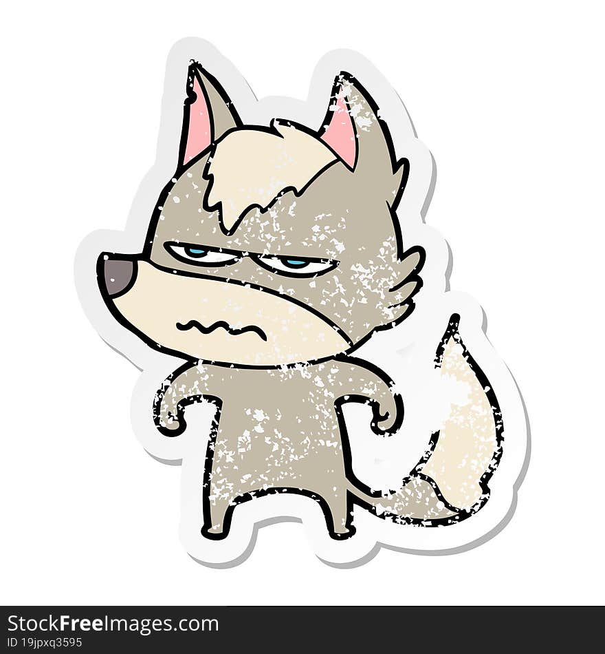 distressed sticker of a cartoon annoyed wolf