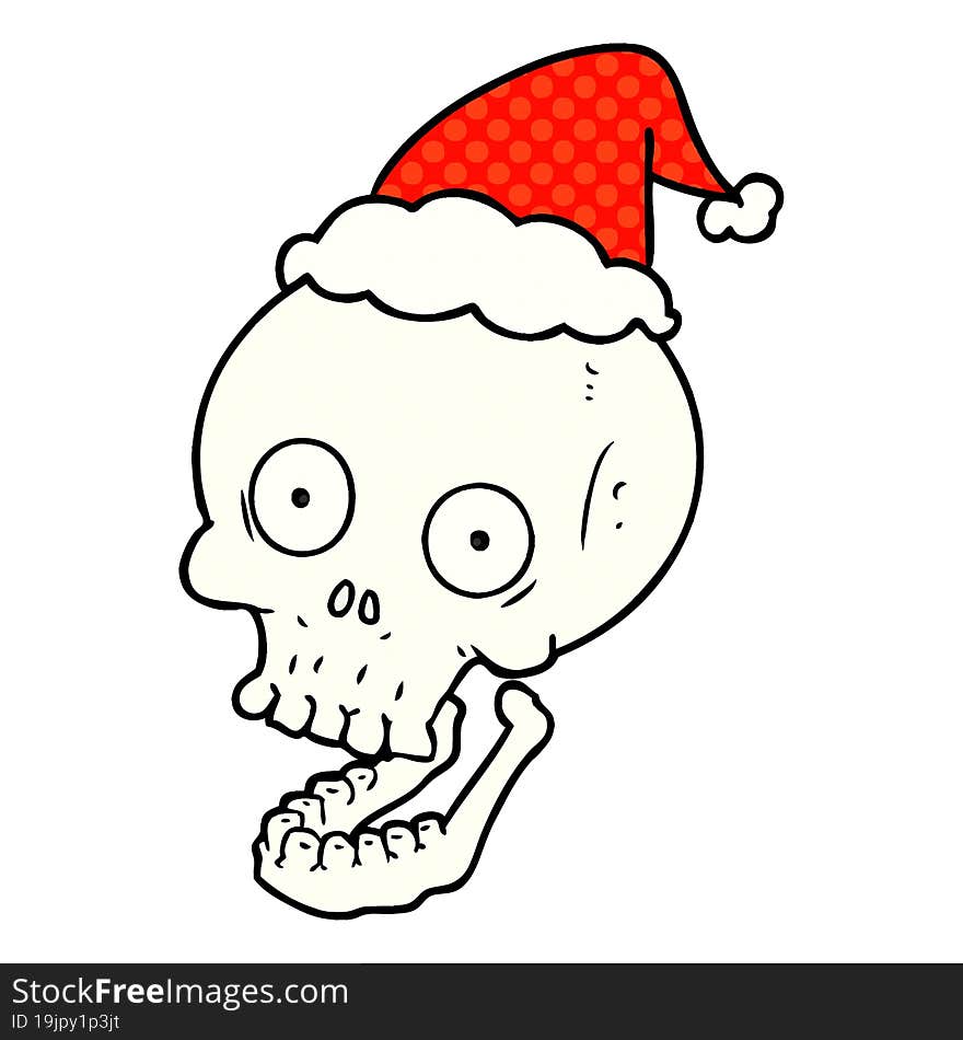 comic book style illustration of a skull wearing santa hat