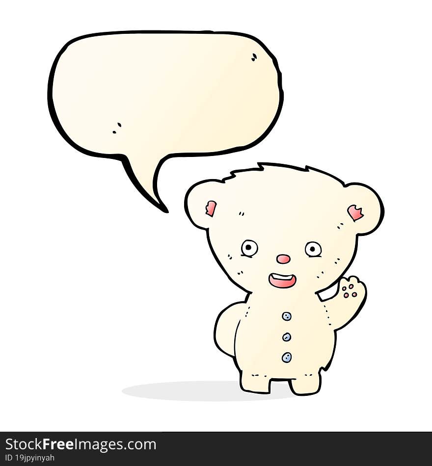 cartoon waving polar bear cub with speech bubble