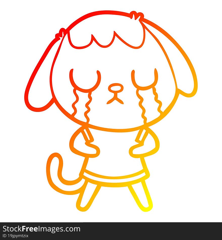 warm gradient line drawing of a cute cartoon dog crying