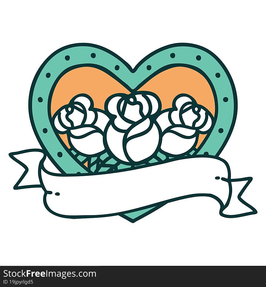 iconic tattoo style image of a heart and banner with flowers. iconic tattoo style image of a heart and banner with flowers