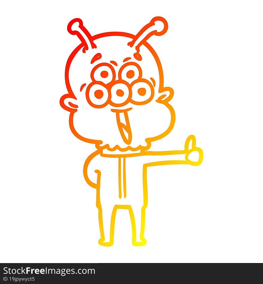 warm gradient line drawing of a happy cartoon alien