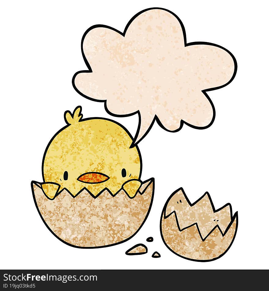 cute cartoon chick hatching from egg and speech bubble in retro texture style