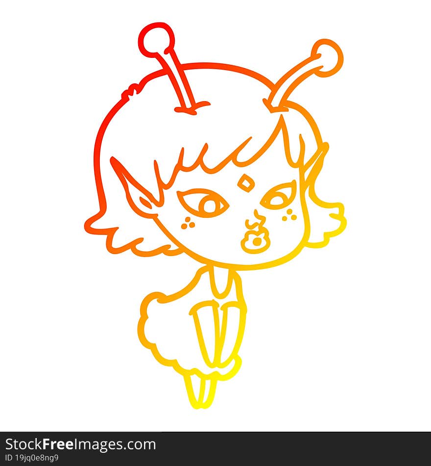 warm gradient line drawing pretty cartoon alien girl