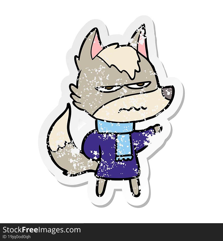 distressed sticker of a cartoon annoyed wolf