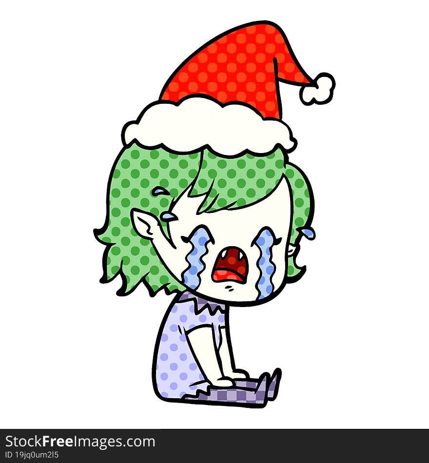 comic book style illustration of a crying vampire girl wearing santa hat