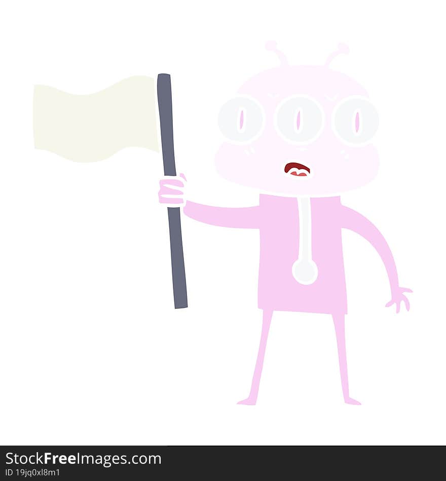 Flat Color Style Cartoon Three Eyed Alien Waving Flag