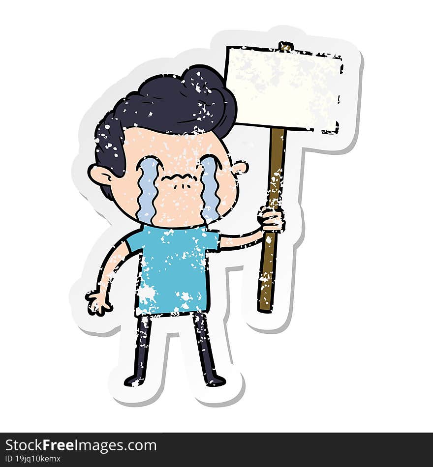 Distressed Sticker Of A Cartoon Man Crying Holding Sign