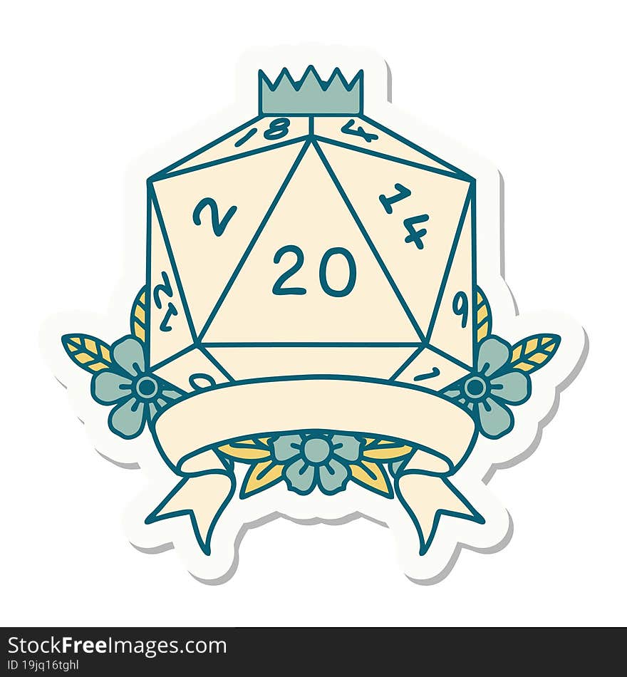 sticker of a natural 20 critical hit D20 dice roll. sticker of a natural 20 critical hit D20 dice roll