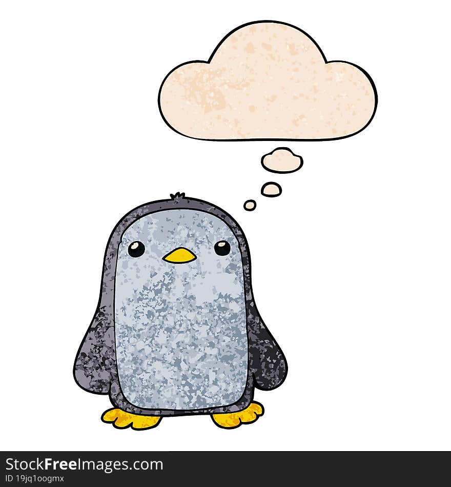 Cute Cartoon Penguin And Thought Bubble In Grunge Texture Pattern Style