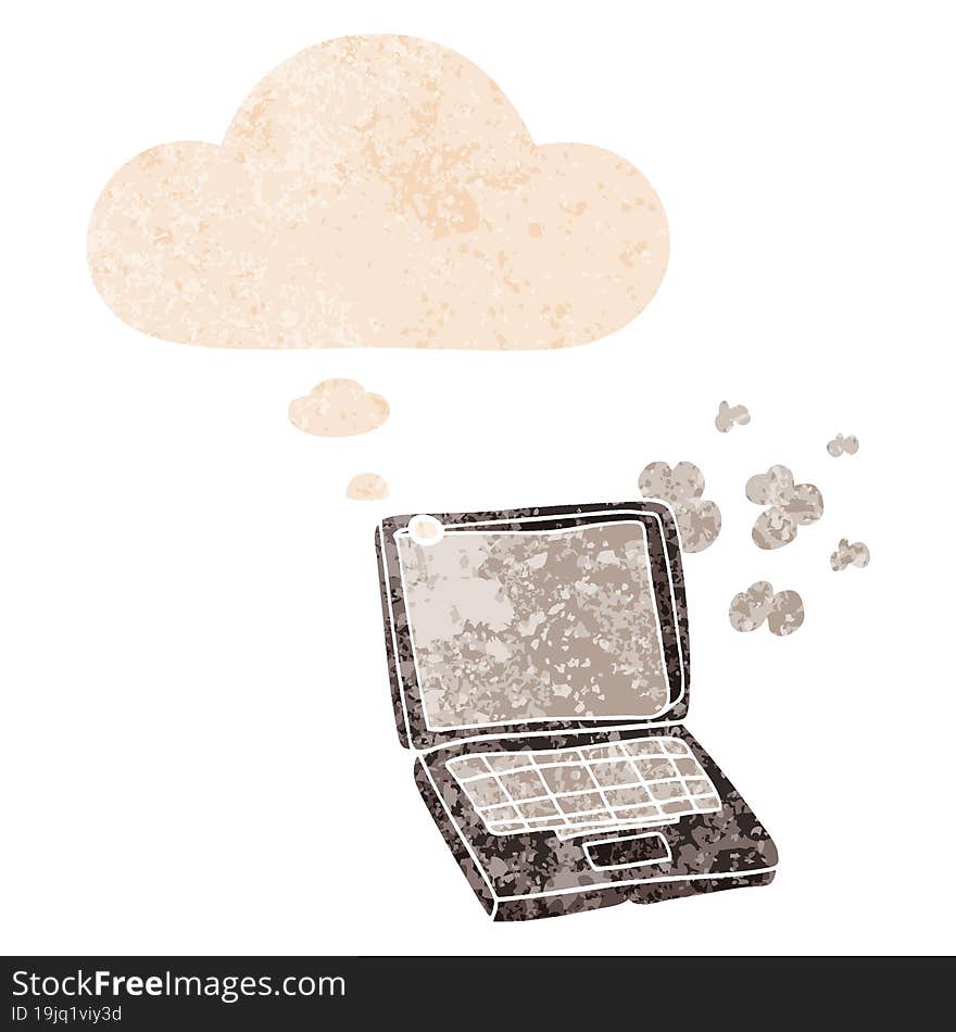 cartoon laptop computer and thought bubble in retro textured style