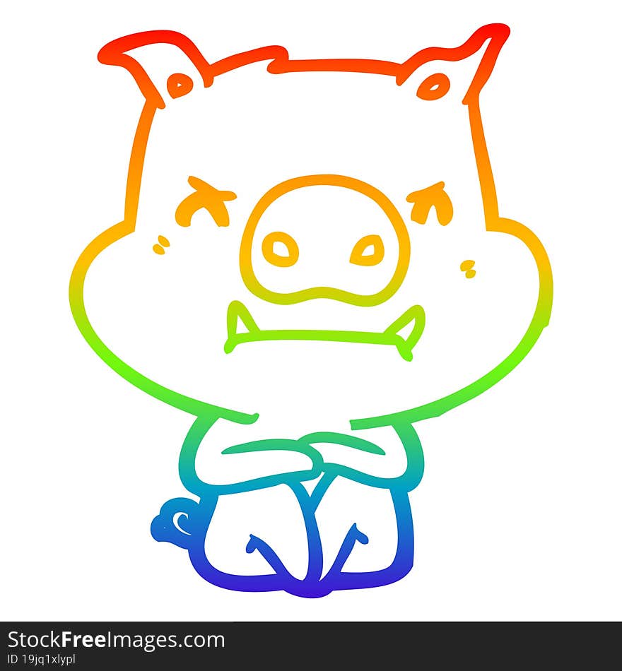 rainbow gradient line drawing of a angry cartoon pig