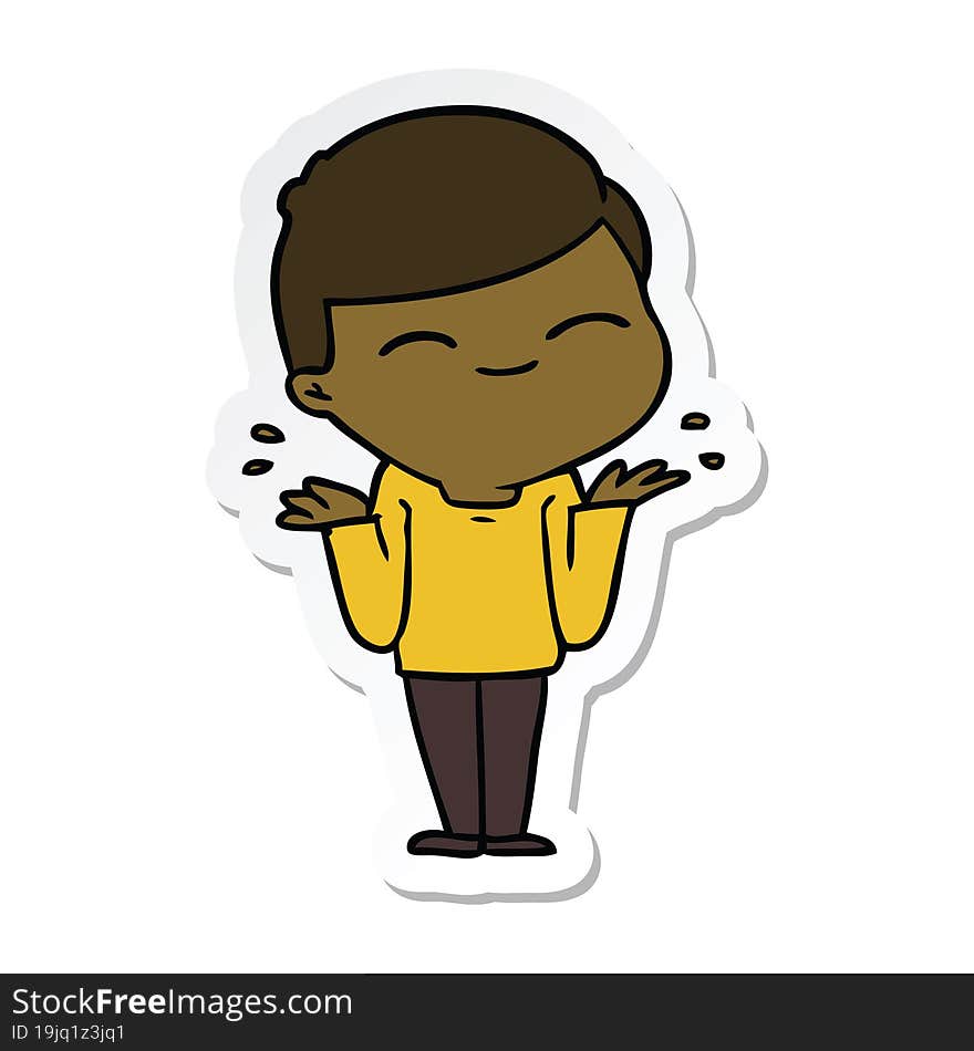 sticker of a cartoon smiling boy shrugging shoulders