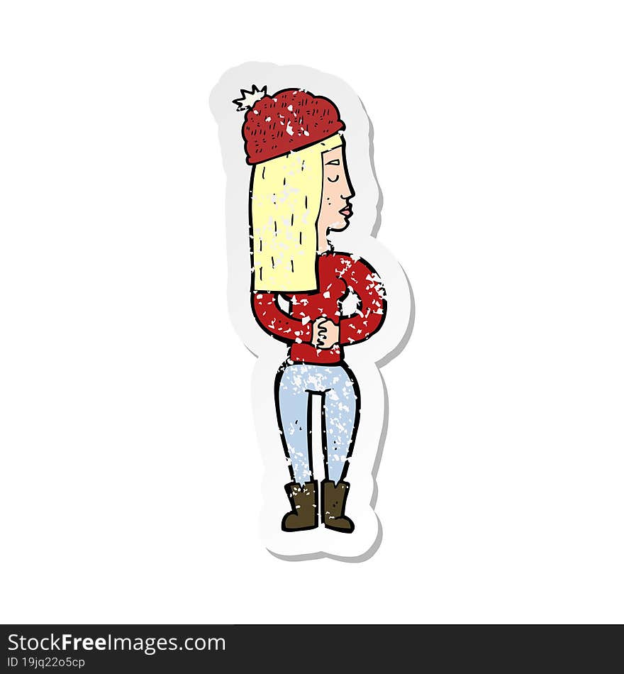 Retro Distressed Sticker Of A Cartoon Woman Wearing Winter Hat