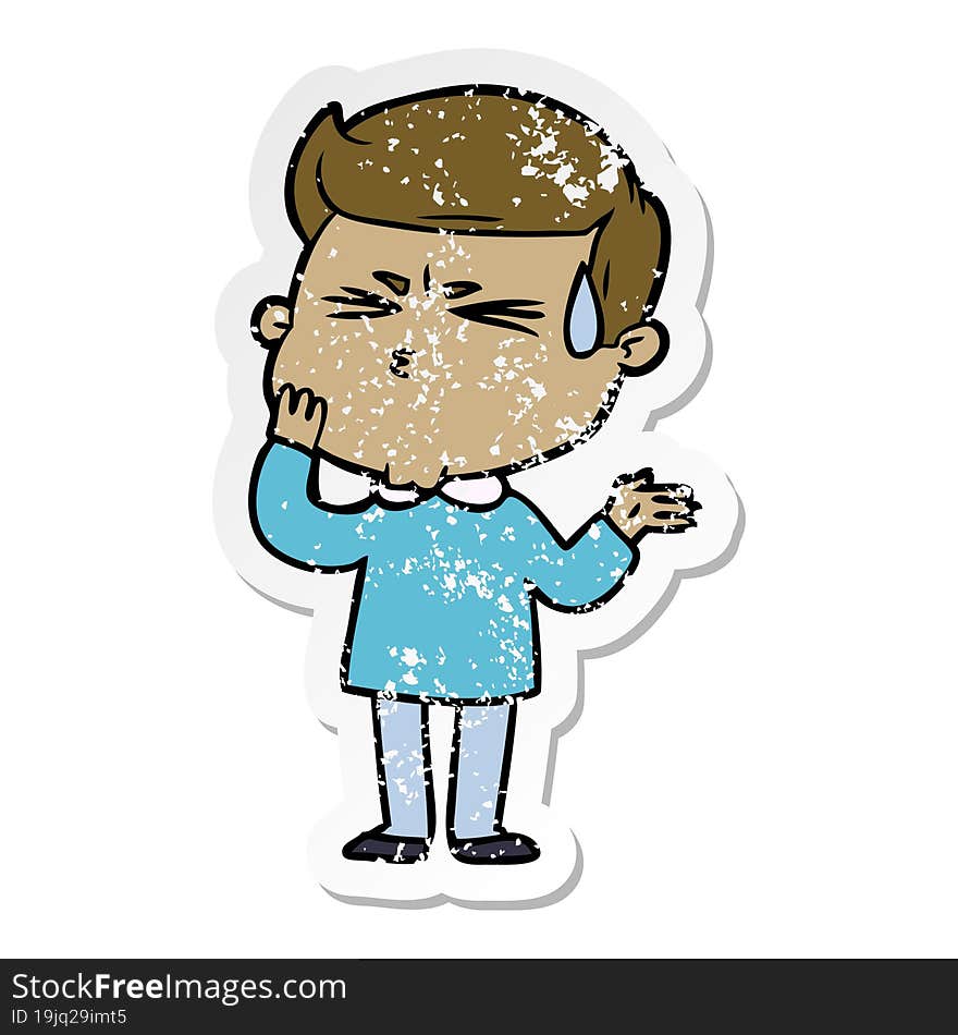 distressed sticker of a cartoon man sweating