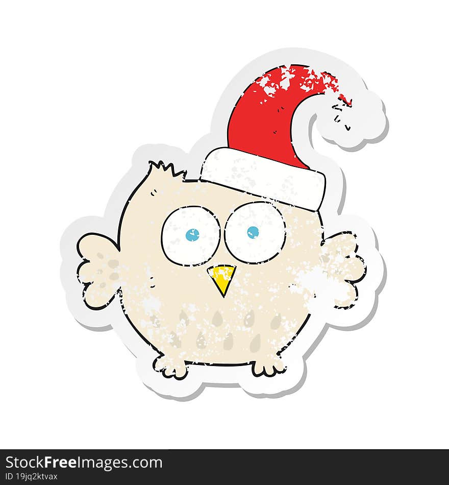 retro distressed sticker of a cartoon little owl wearing christmas hat