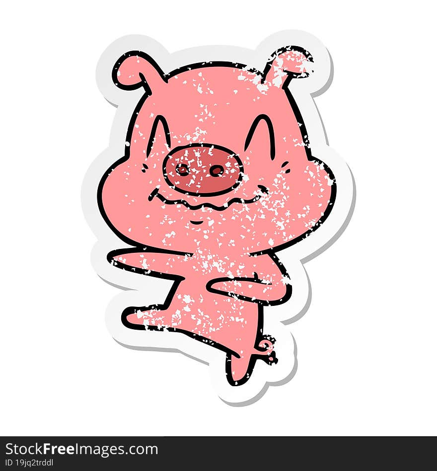 distressed sticker of a nervous cartoon pig dancing