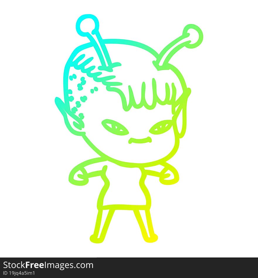 cold gradient line drawing of a cute cartoon alien girl