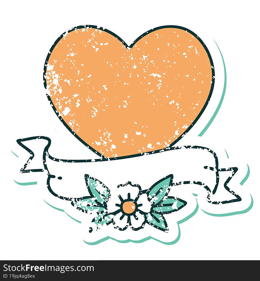 Distressed Sticker Tattoo Style Icon Of A Heart And Banner