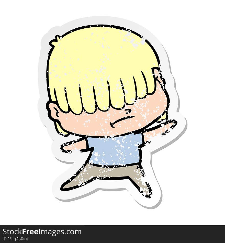 distressed sticker of a cartoon boy with untidy hair