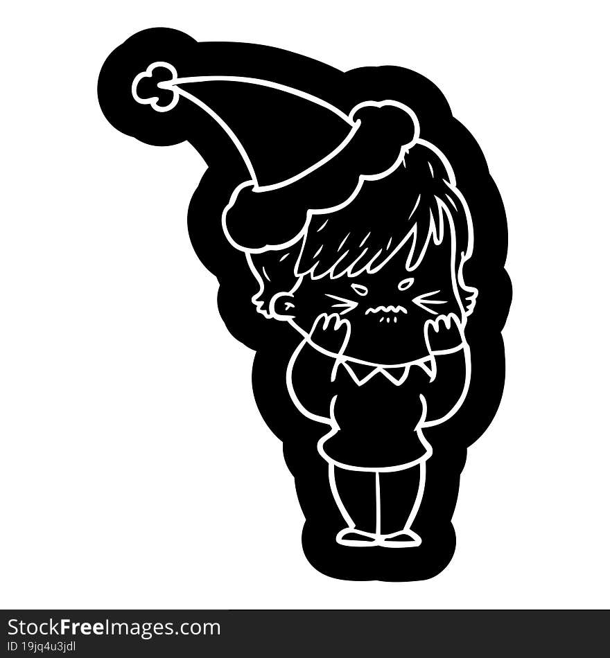 quirky cartoon icon of a frustrated woman wearing santa hat