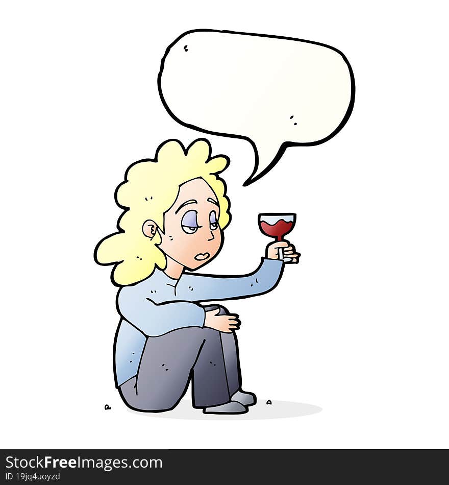 Cartoon Unhappy Woman With Glass Of Wine With Speech Bubble