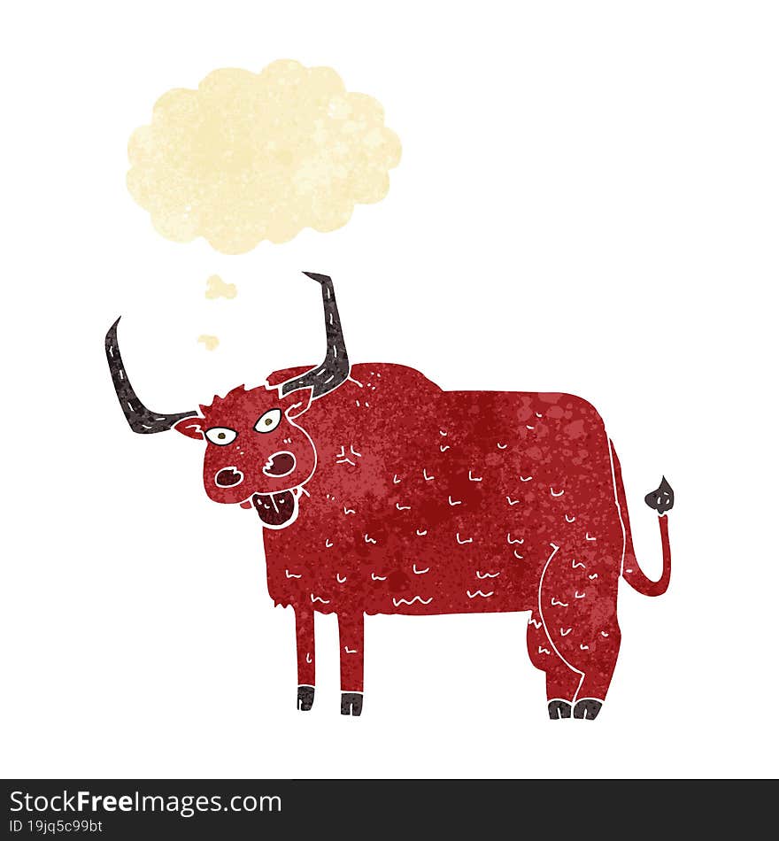 cartoon hairy cow with thought bubble