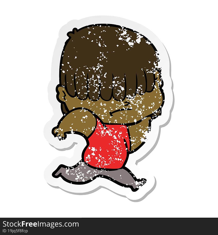 distressed sticker of a cartoon boy with untidy hair